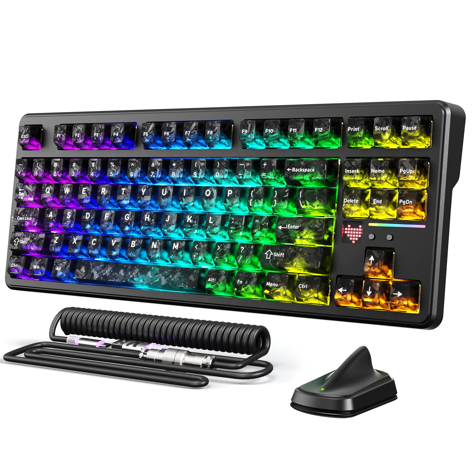 ATTACK SHARK X87 ULTRA wireless gaming keyboard with RGB keycaps, coiled cable, and 8K receiver