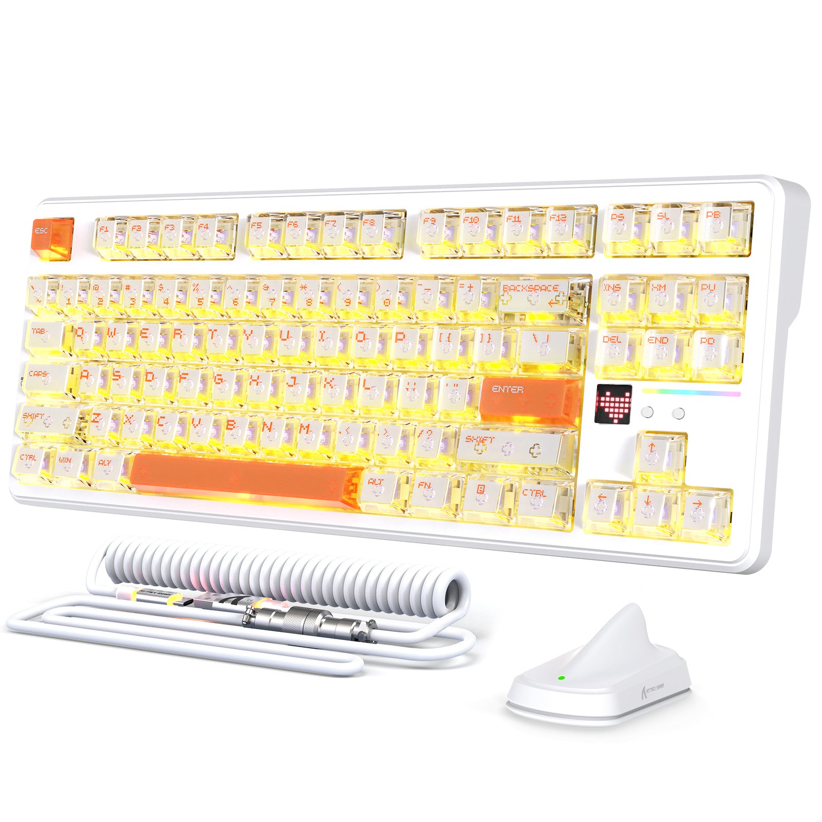 White ATTACK SHARK X87 Ultra wireless gaming keyboard with transparent yellow backlit keycaps, coiled RGB cable, and 8K receiver
