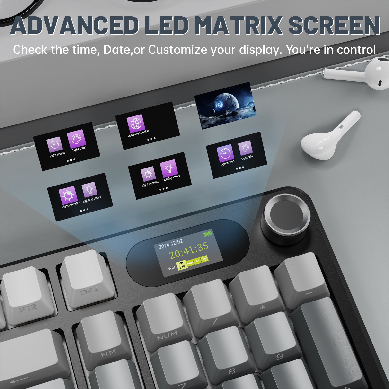 ATTACK SHARK X98PRO gaming keyboard with LED matrix screen displaying time and customization options.