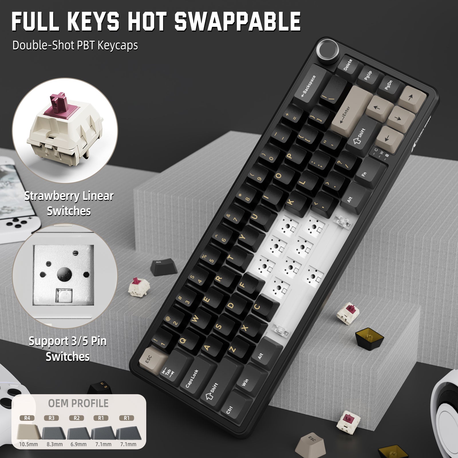 ATTACK SHARK X66 wireless mechanical keyboard, hot-swappable, Strawberry switches, PBT keycaps, customizable.