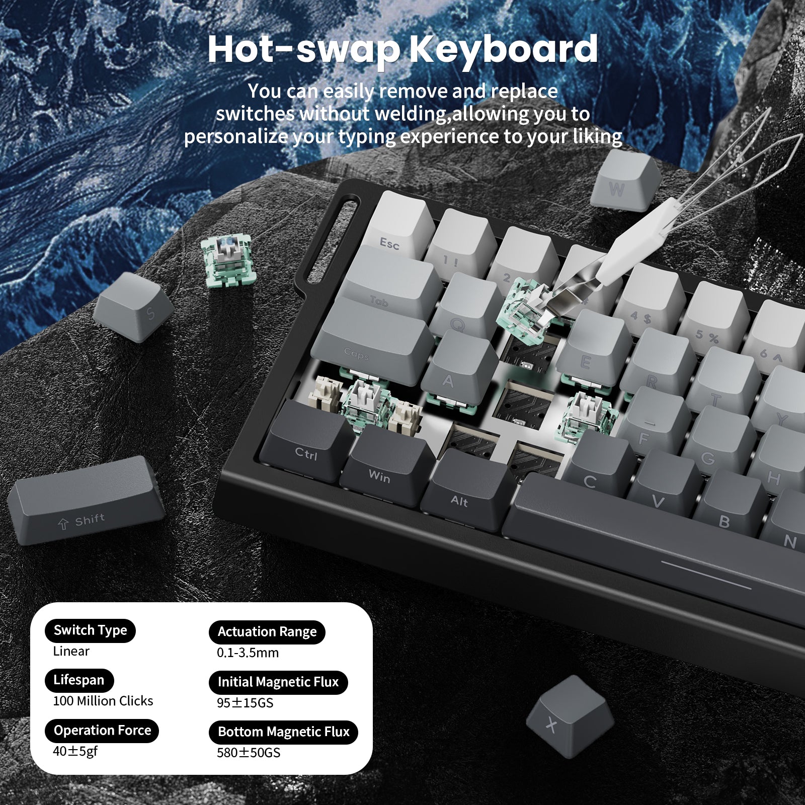 ATTACK SHARK X68 HE Hot-swap keyboard, easily replace switches for personalized typing. Magnetic switches, keycaps detail.