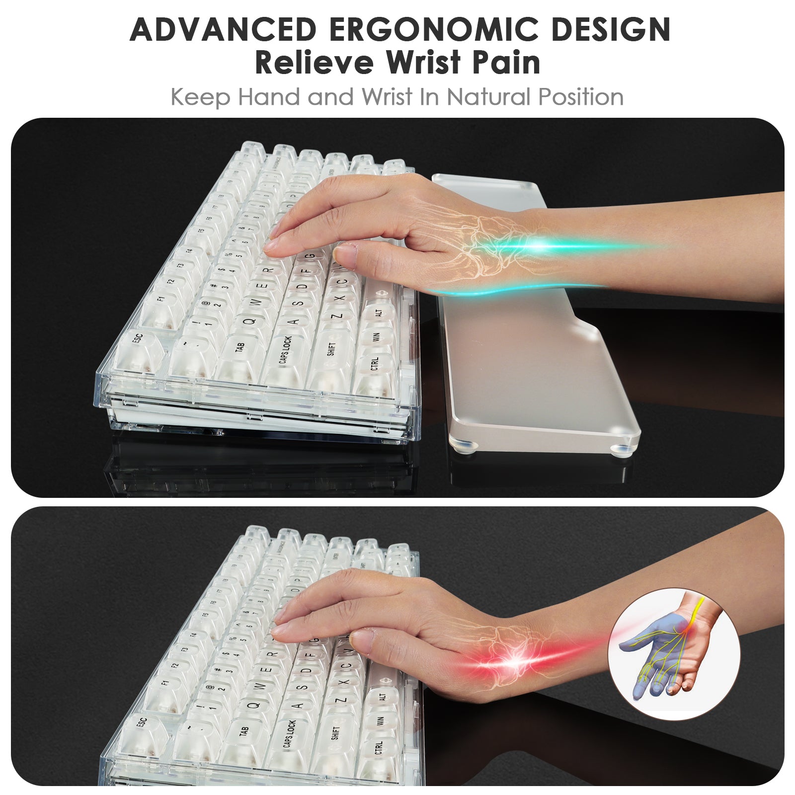 Acrylic wrist rest designed for ergonomic support relieving wrist pain while typing.