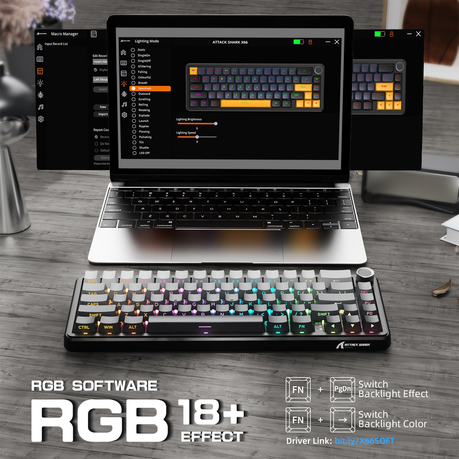 Attack Shark X66 RGB Backlight mechanical keyboard with software interface.