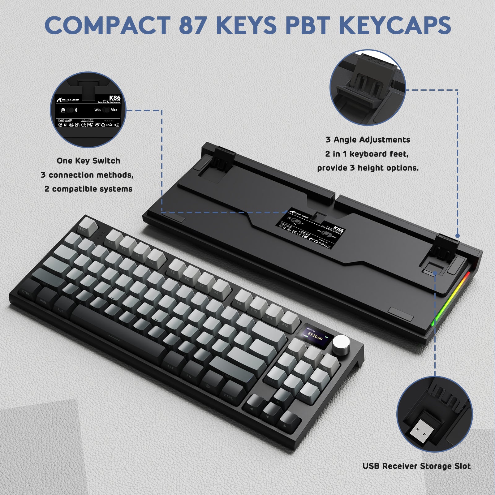 ATTACK SHARK K86 Pro mechanical keyboard, compact 87-key layout, PBT keycaps, TFT display, and multi-mode connectivity.