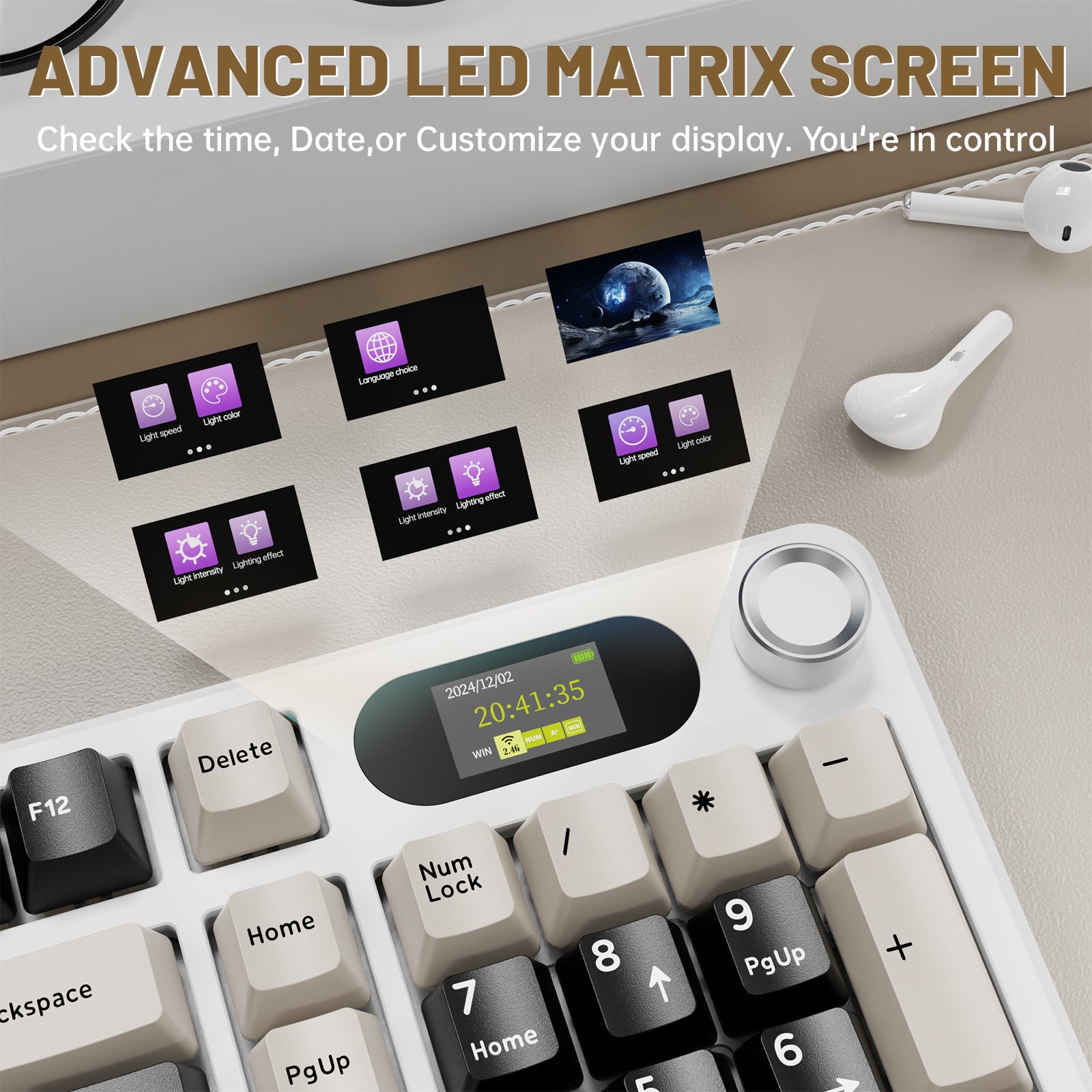 ATTACK SHARK X98PRO keyboard with LED matrix screen displaying time, date, and customization options.