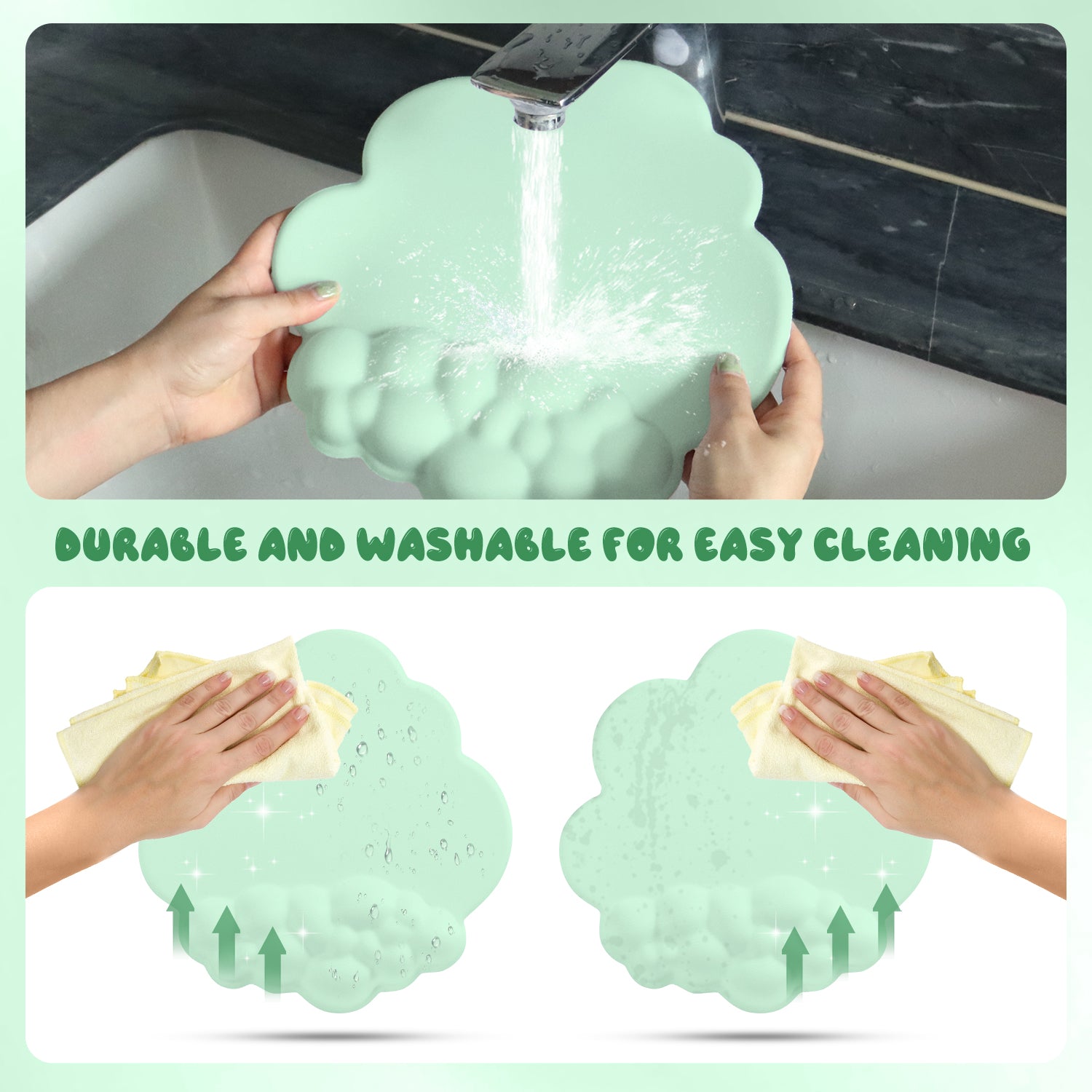 Hand cleaning mint green cloud mouse pad under running water for easy maintenance.