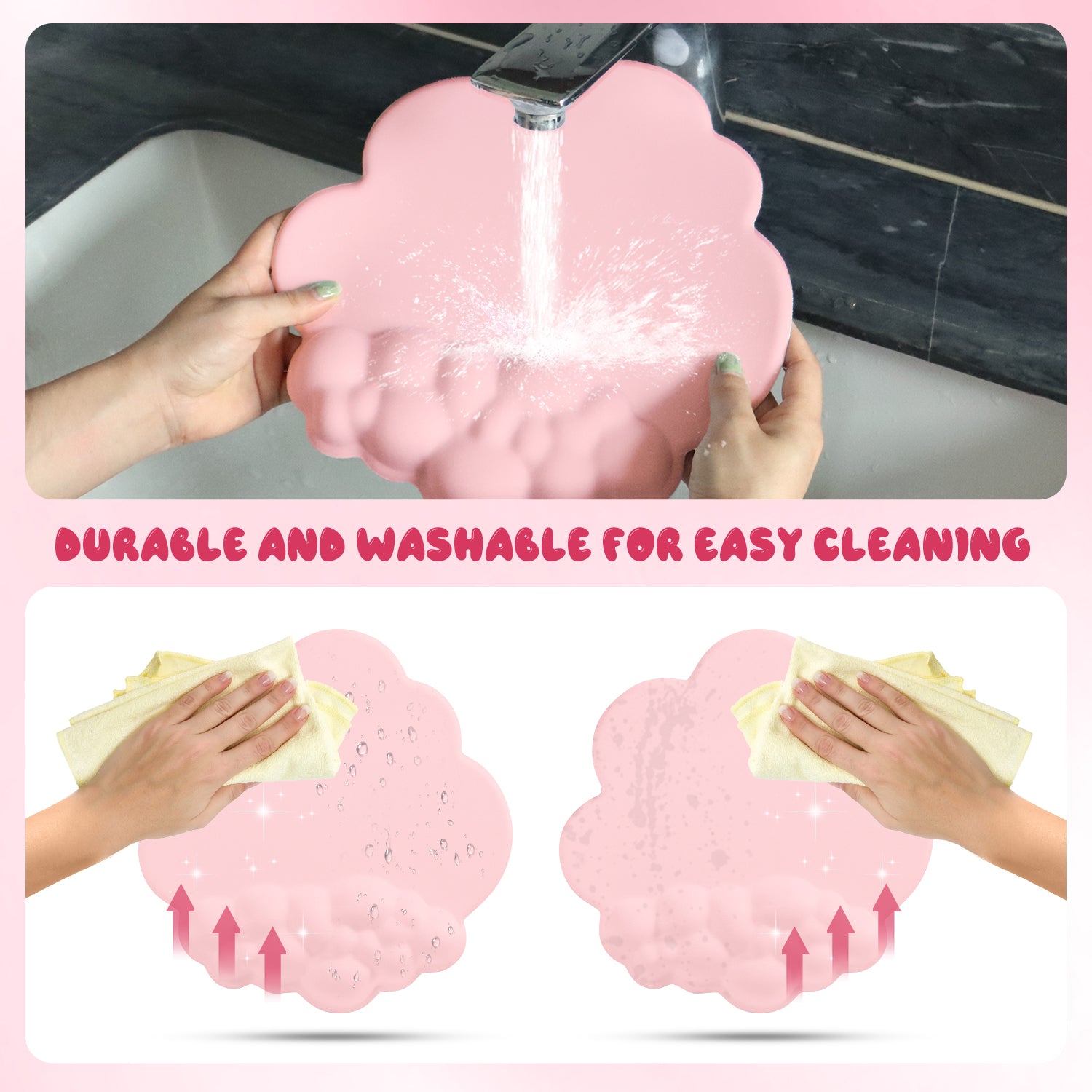 Washing pink cloud mouse pad under water, highlighting durability and easy cleaning.