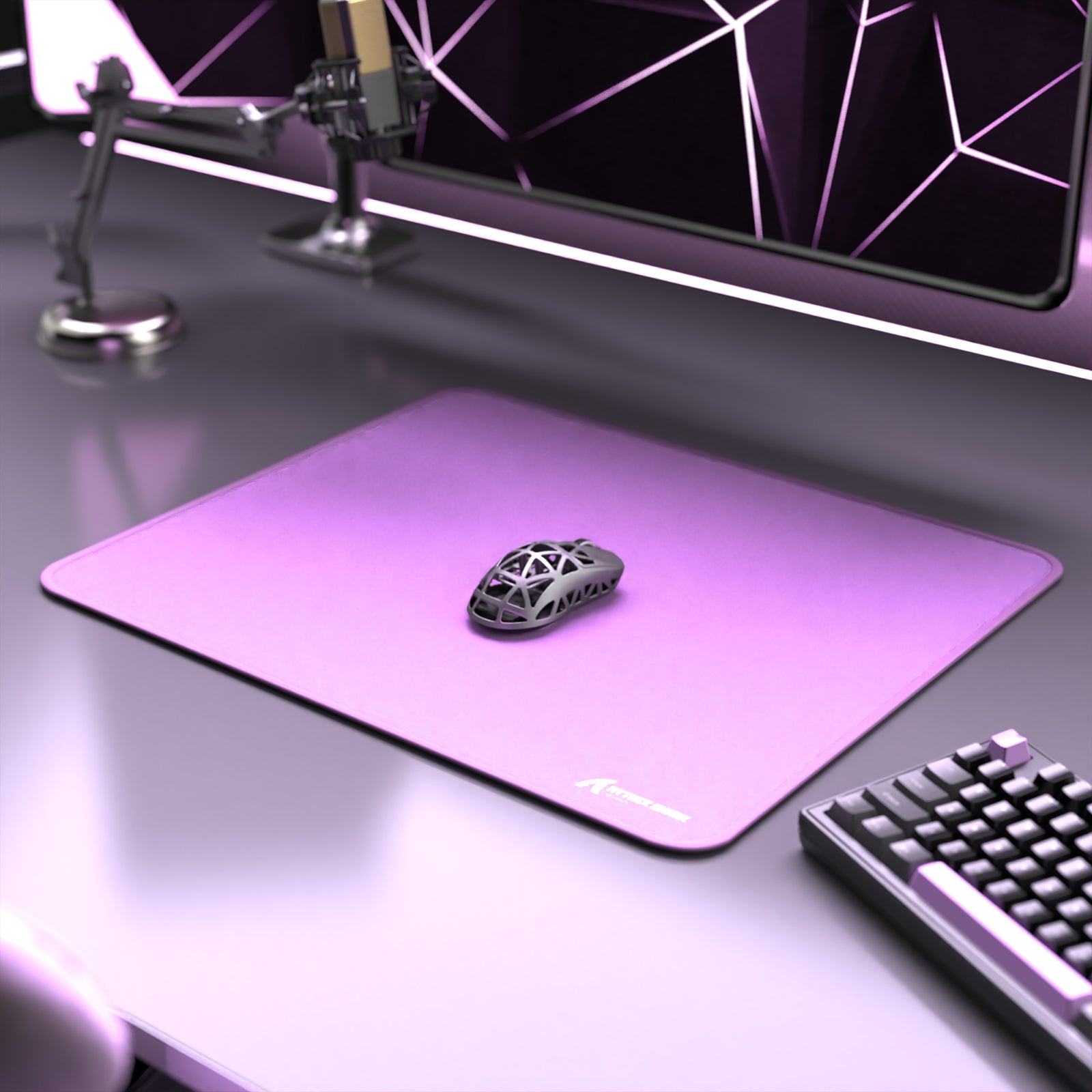 ATTACK SHARK CM02 gaming setup, including a purple mousepad, mouse, and keyboard. Enhancing gaming performance and precision.