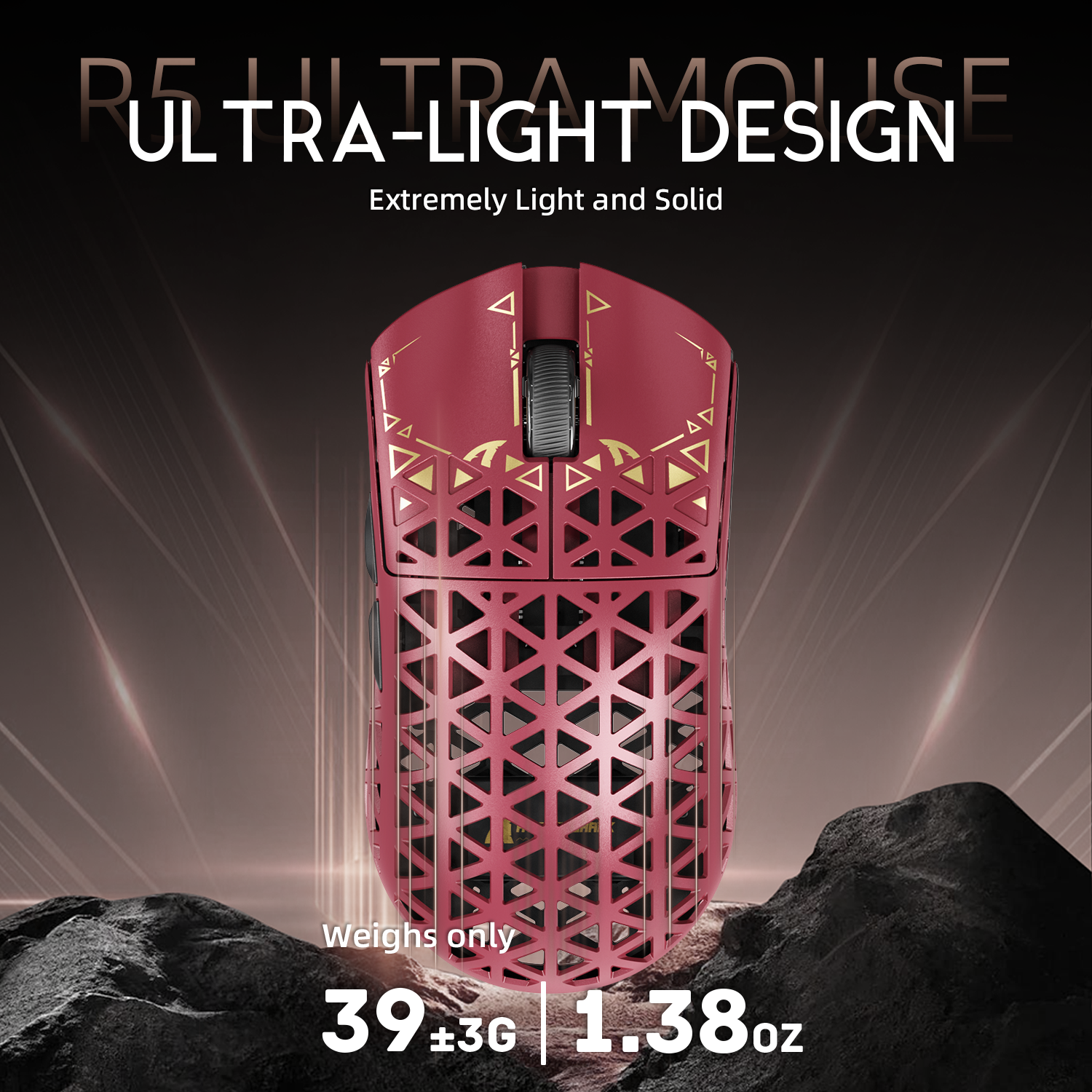 ATTACK SHARK R5 Ultra gaming mouse, red carbon fiber design, ultra-lightweight at 39g for gaming