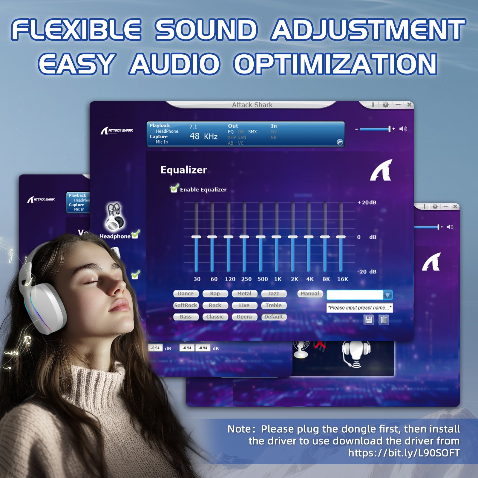 ATTACK SHARK L90 gaming headset software showing equalizer with flexible sound adjustment options.