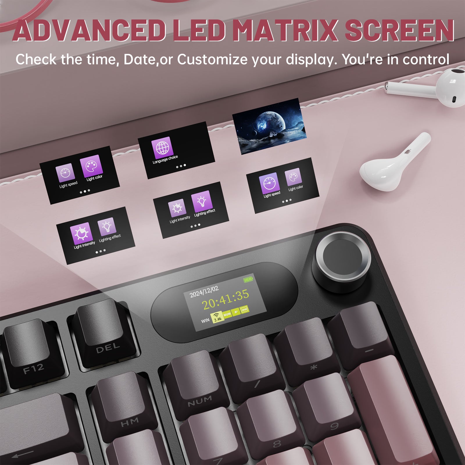 ATTACK SHARK X98PRO keyboard with LED screen, pink keycaps, and customization options.