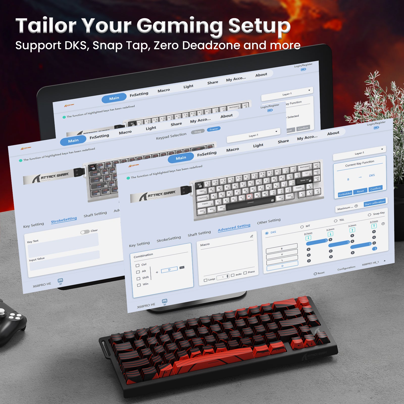 ATTACK SHARK X68PRO HE gaming keyboard customization interface, tailoring gaming setup with DKS, Snap Tap, and zero deadzone.