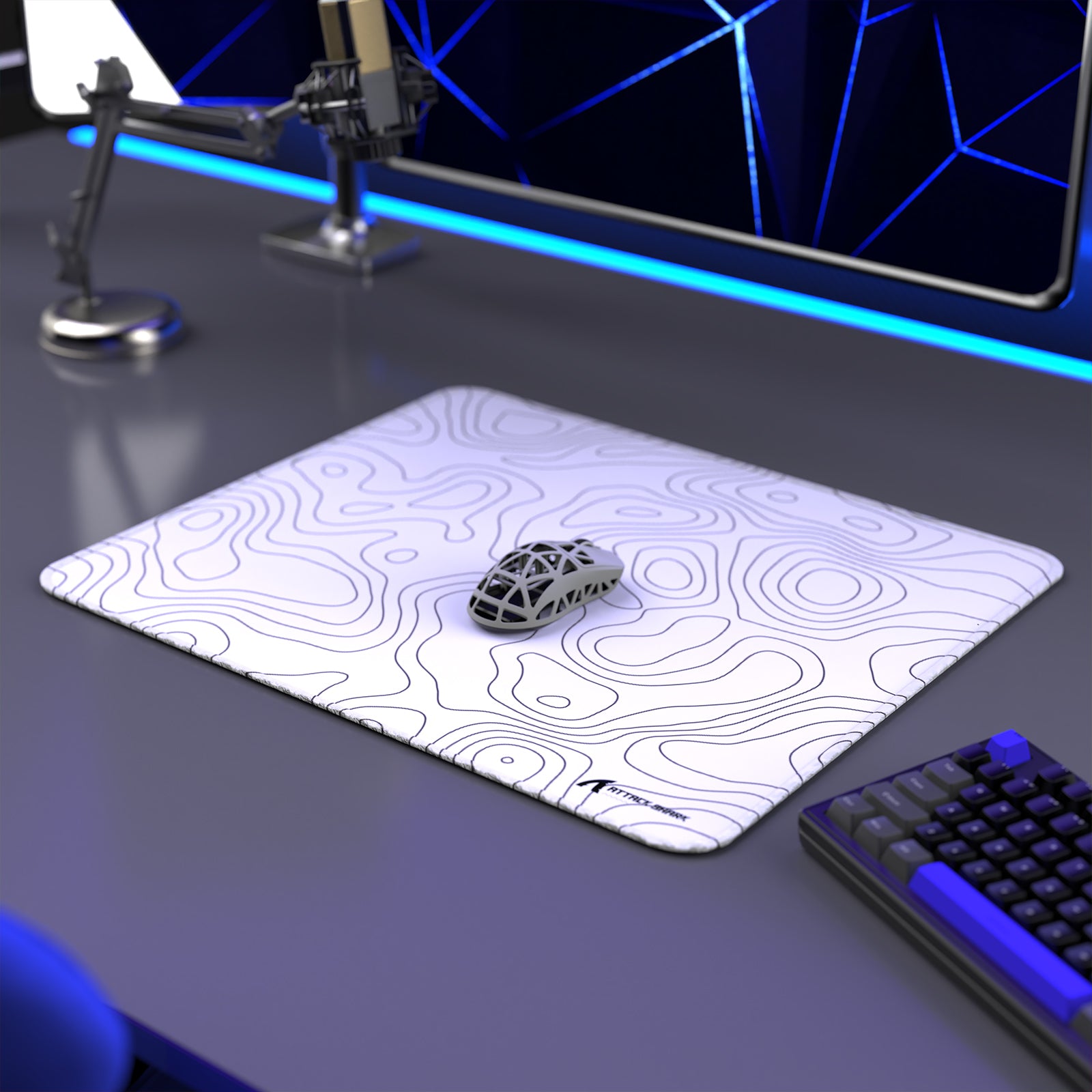 ATTACK SHARK CM02 gaming mousepad with topographic design, mouse, keyboard, and esports setup