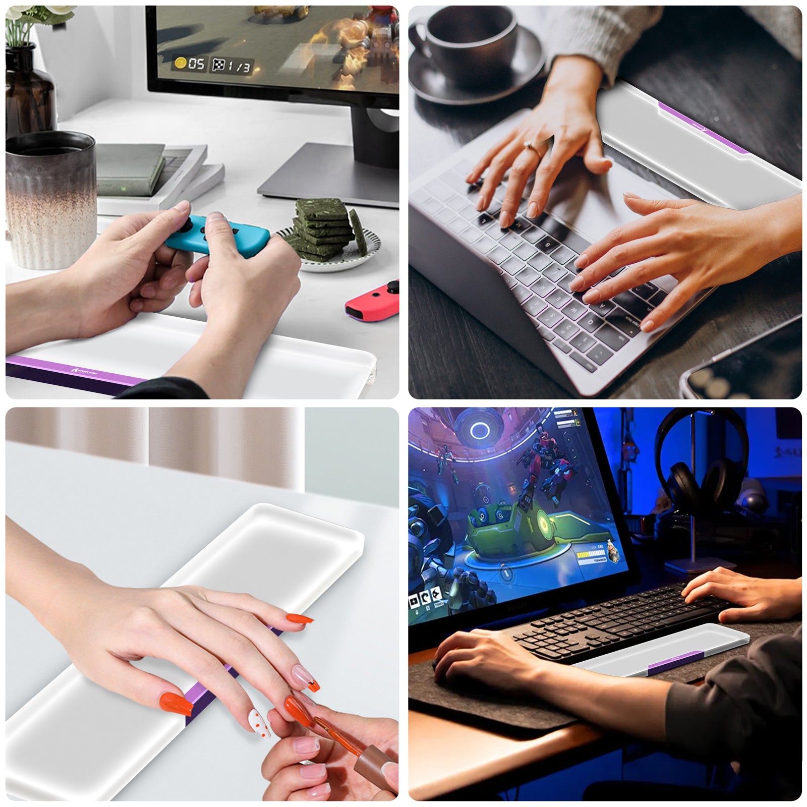 ATTACK SHARK 87 Keys acrylic wrist rest with purple accent, shown supporting wrists while gaming and typing.