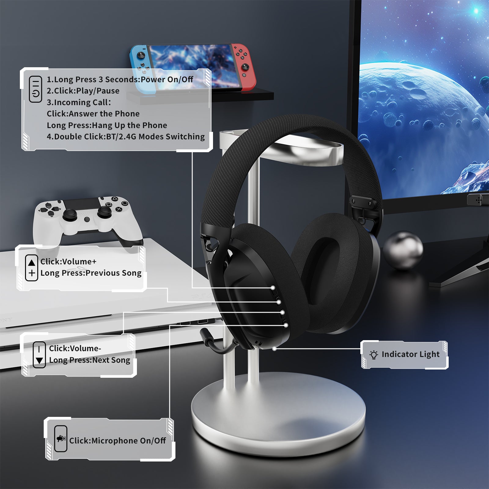 L80 gaming headset controls displayed on a stand with PS5 and Switch controller.