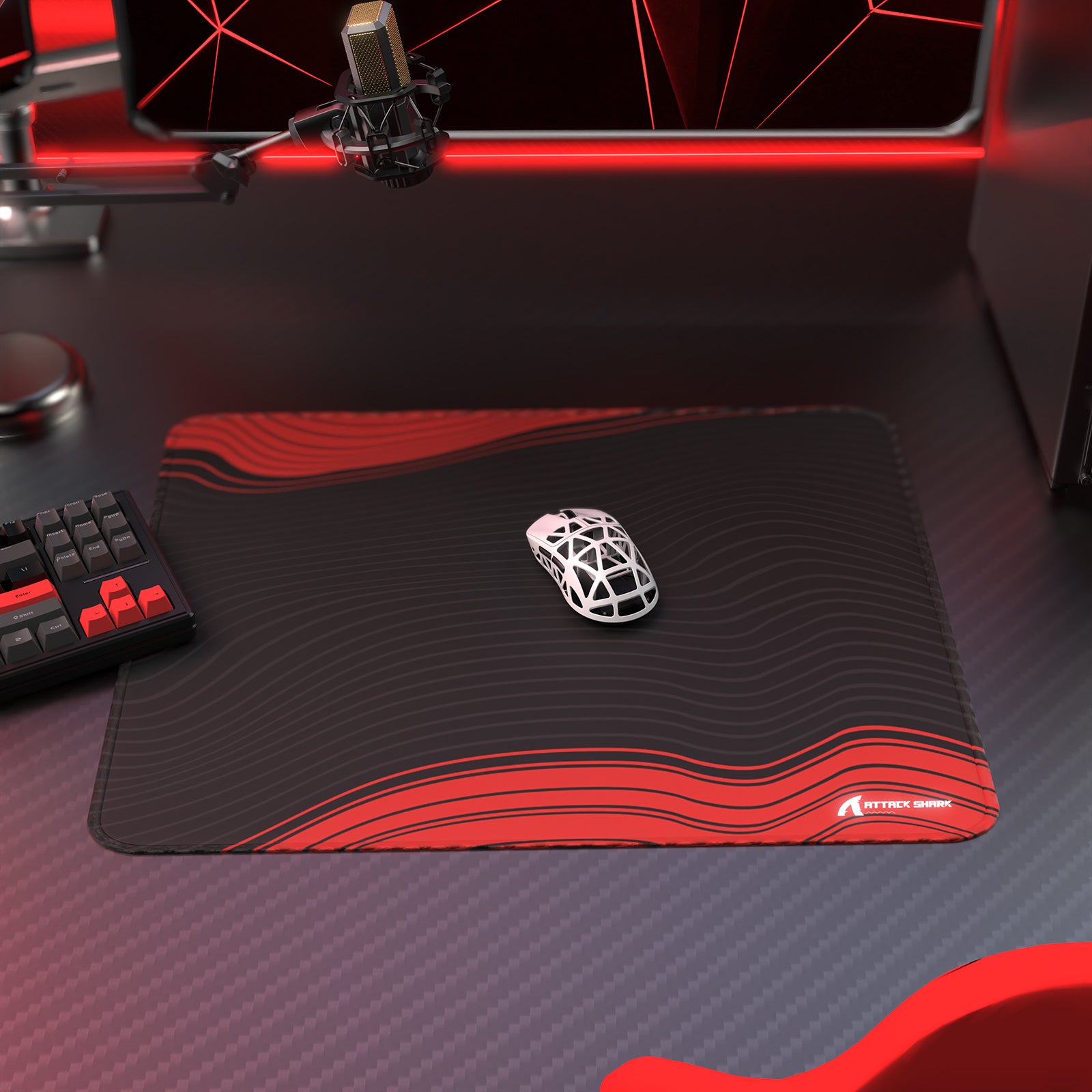 ATTACK SHARK CM02 gaming mousepad with mouse, keyboard, and esports setup.