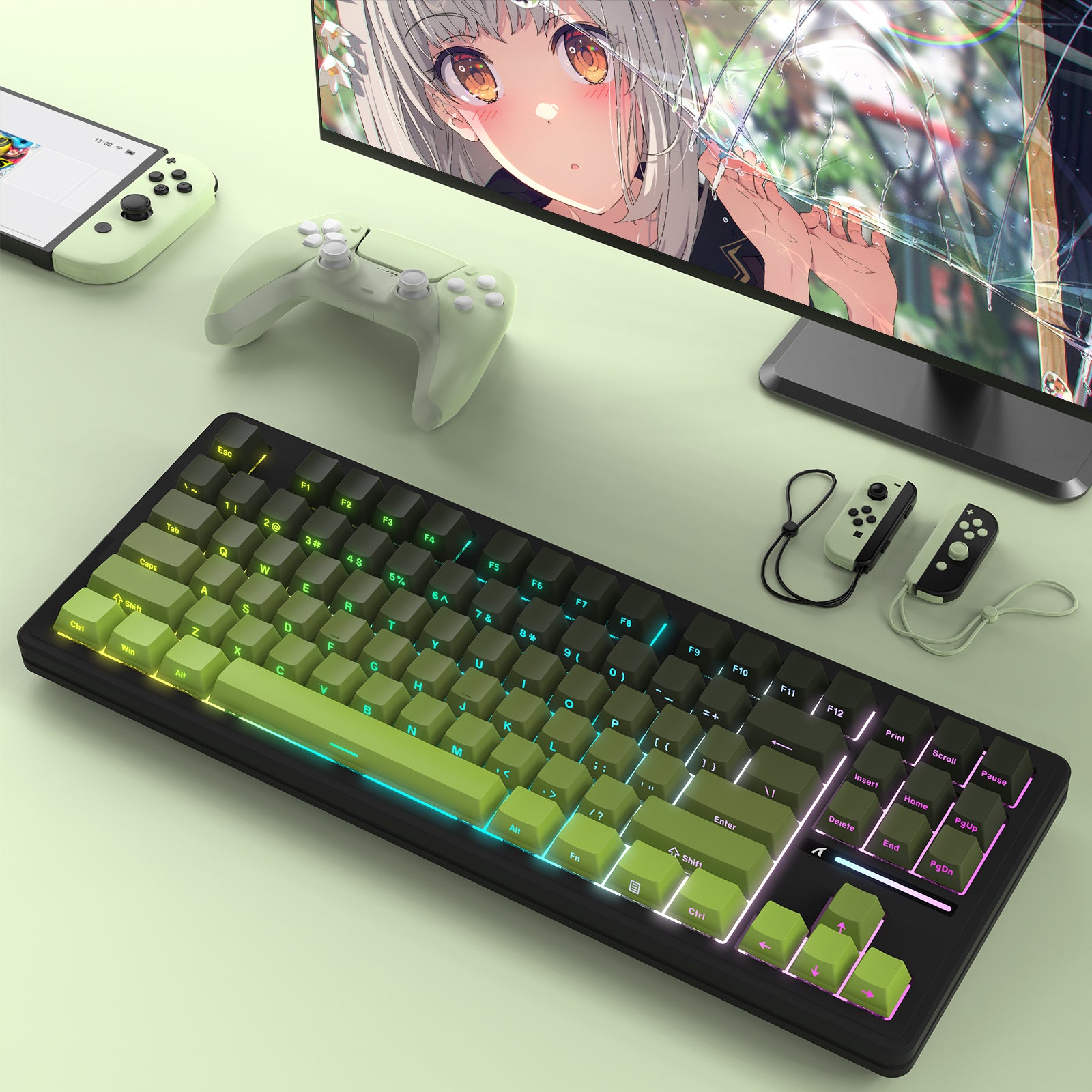 ATTACK SHARK M87PRO Wireless Mechanical Keyboard with green gradient keycaps, gaming setup