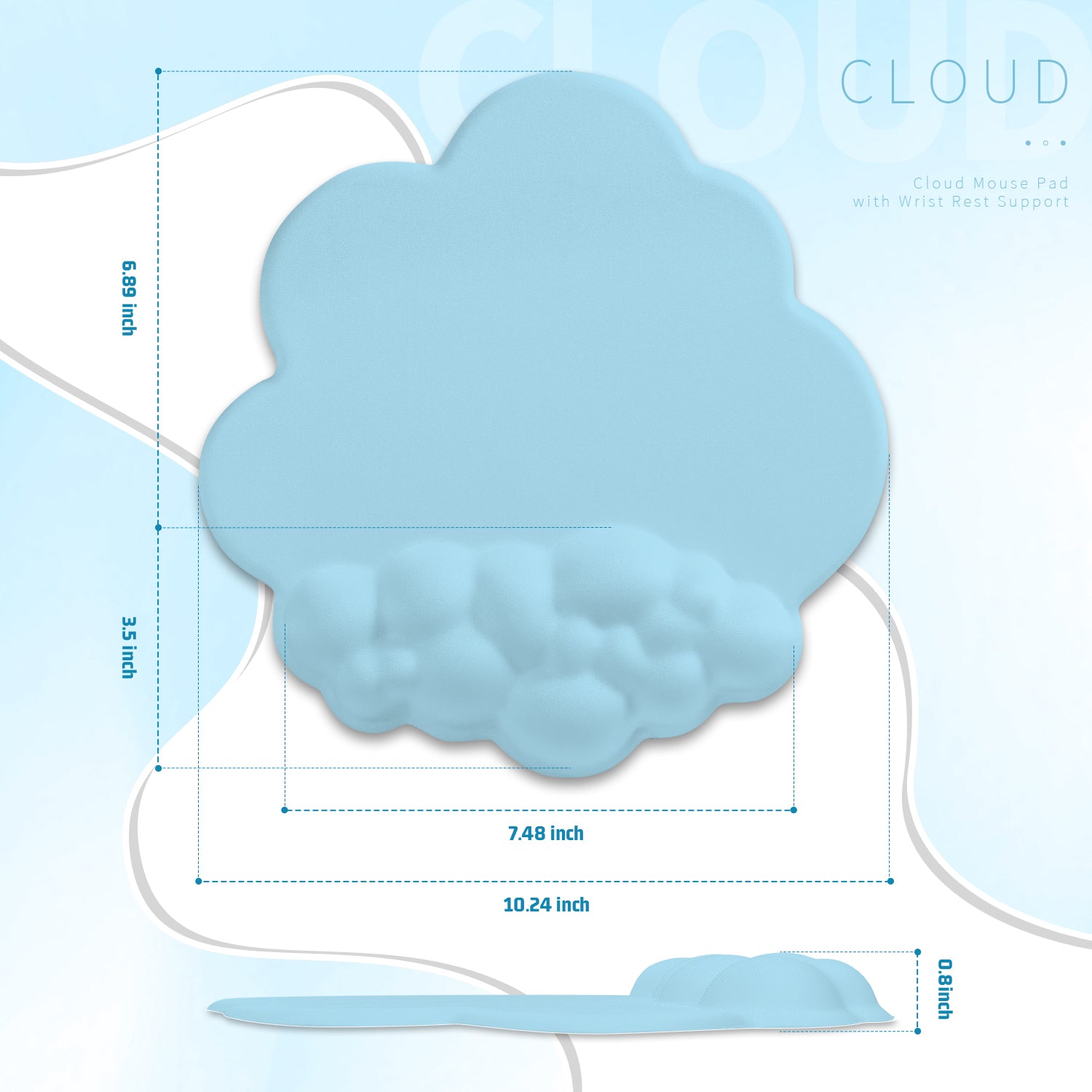 Dimensions of light blue cloud mouse pad with ergonomic wrist rest for comfort.
