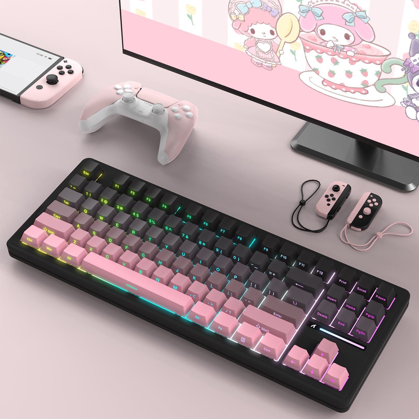 ATTACK SHARK M87PRO wireless mechanical keyboard with gradient pink keycaps and RGB lighting, gaming setup
