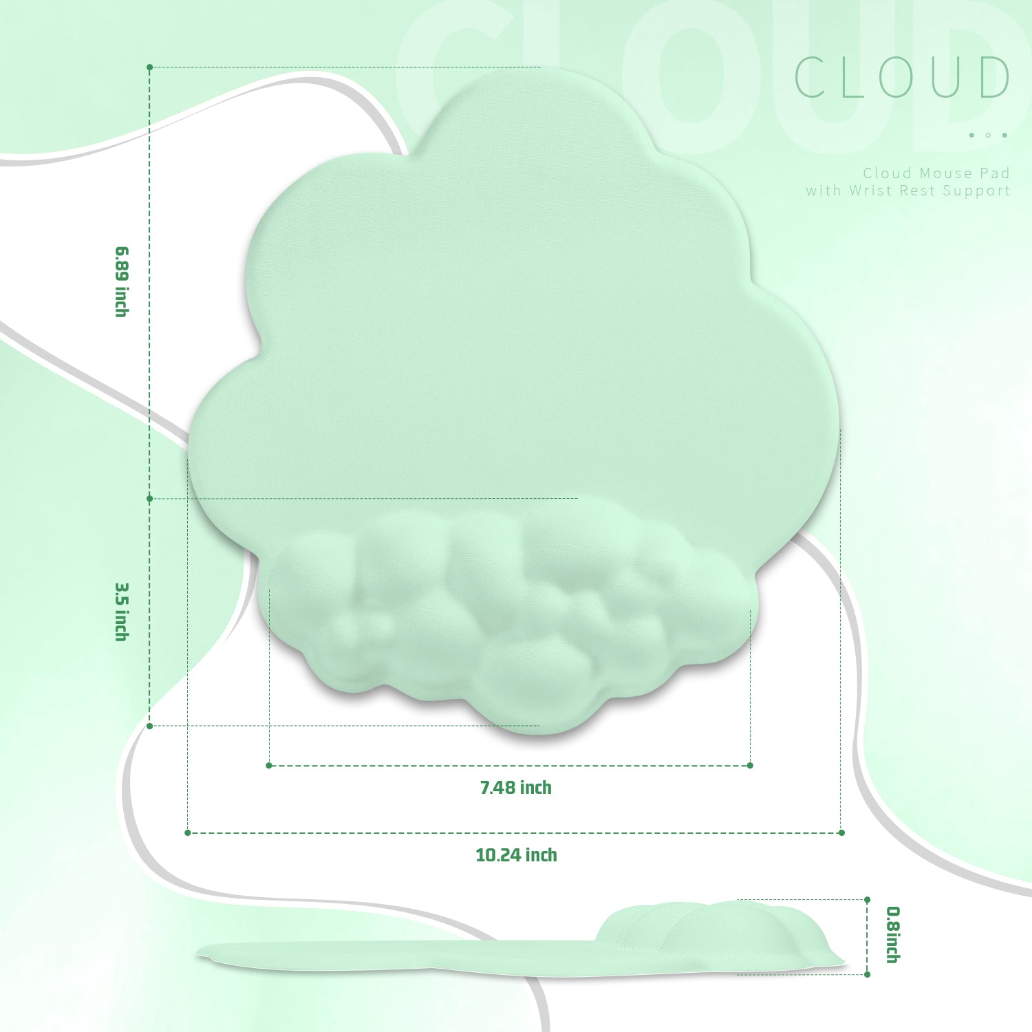 Dimensions of mint green cloud mouse pad with ergonomic wrist support.