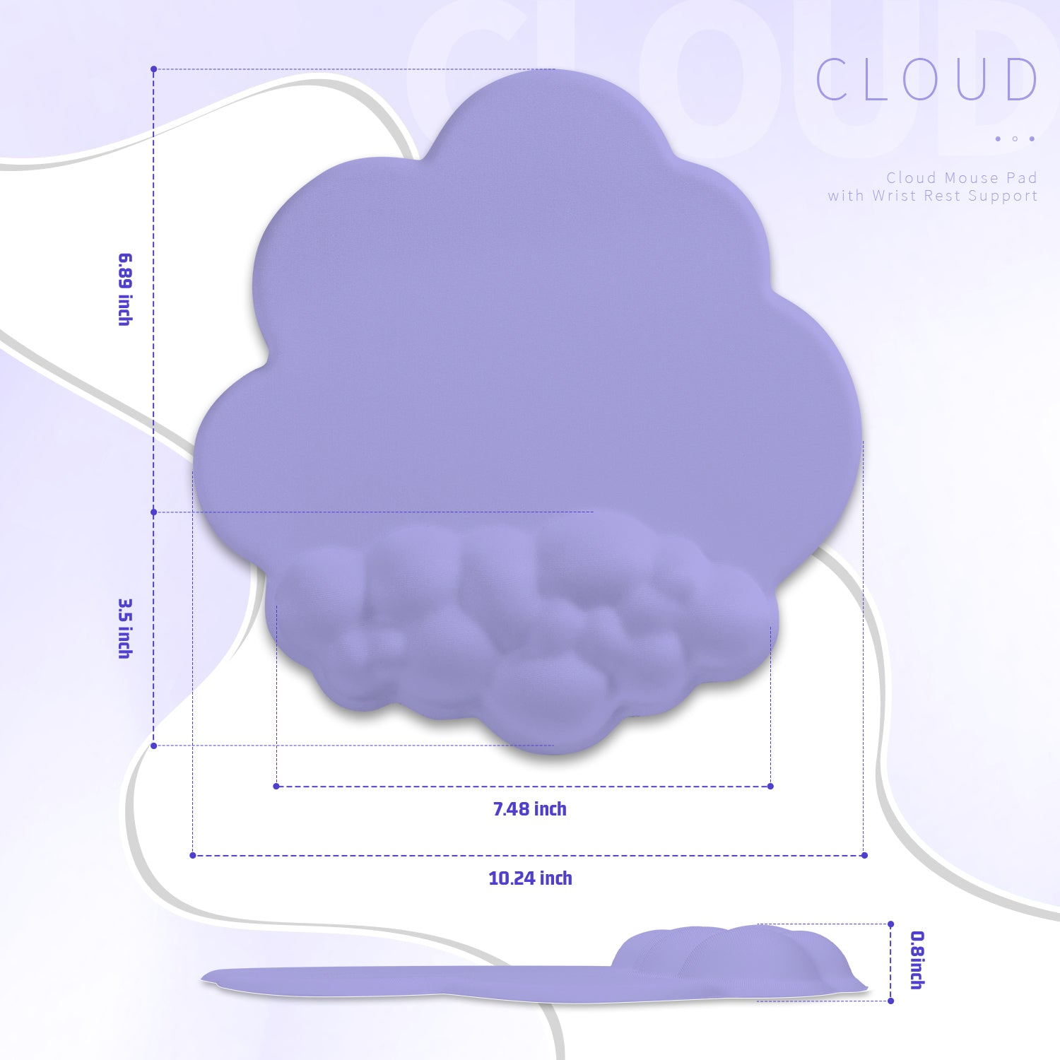 Dimensions of purple cloud mouse pad with ergonomic wrist rest for comfort.