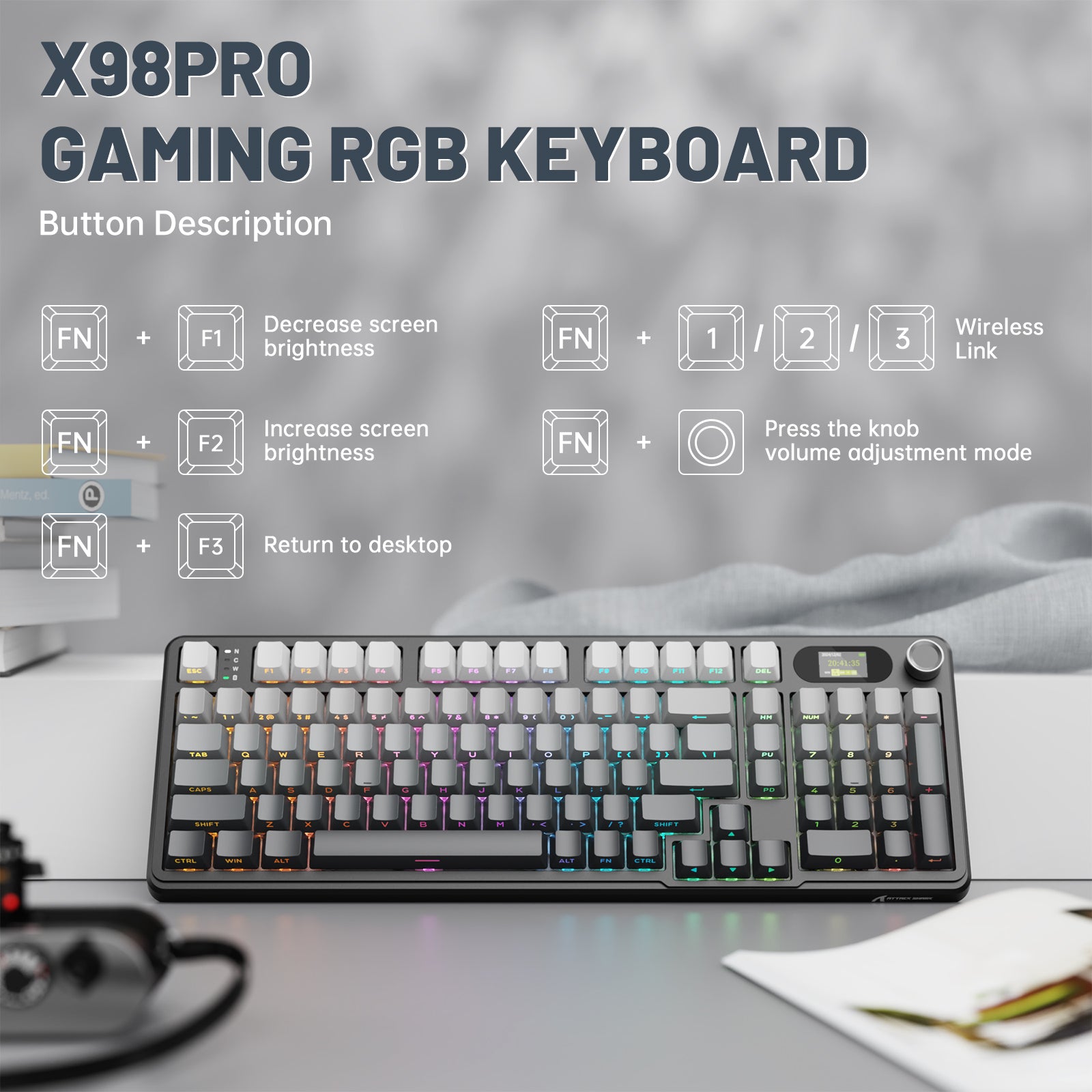 ATTACK SHARK X98PRO RGB gaming keyboard, showing function buttons, LED screen display, and volume knob.