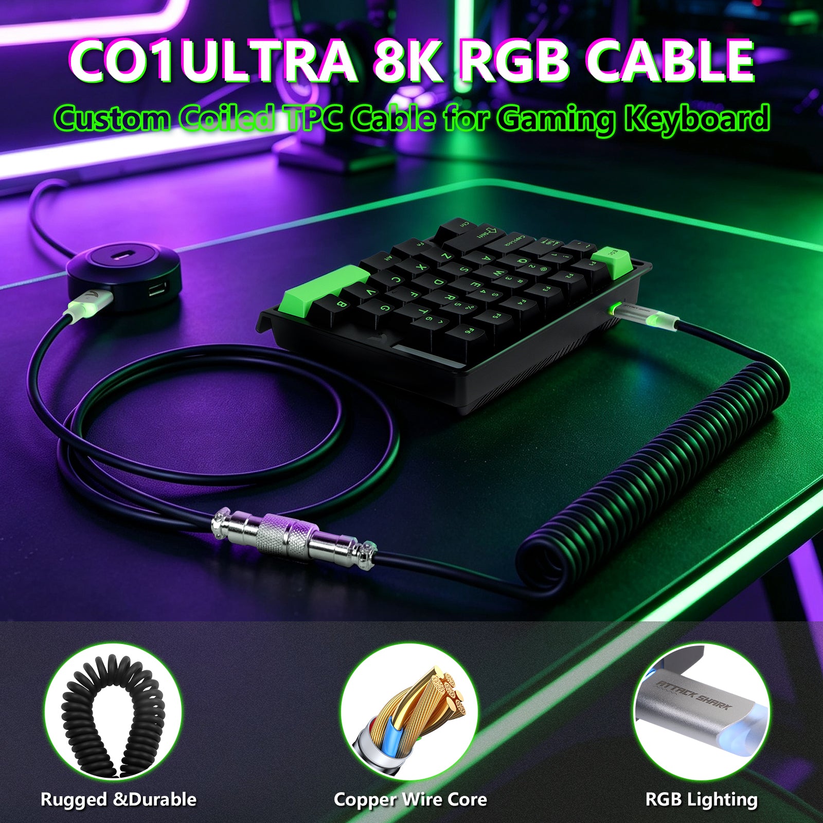 ATTACK SHARK M36 HE Einhändiges Tastatur mit Magnetischem Schalter & C01 ULTRA LED Aviator Kabel
