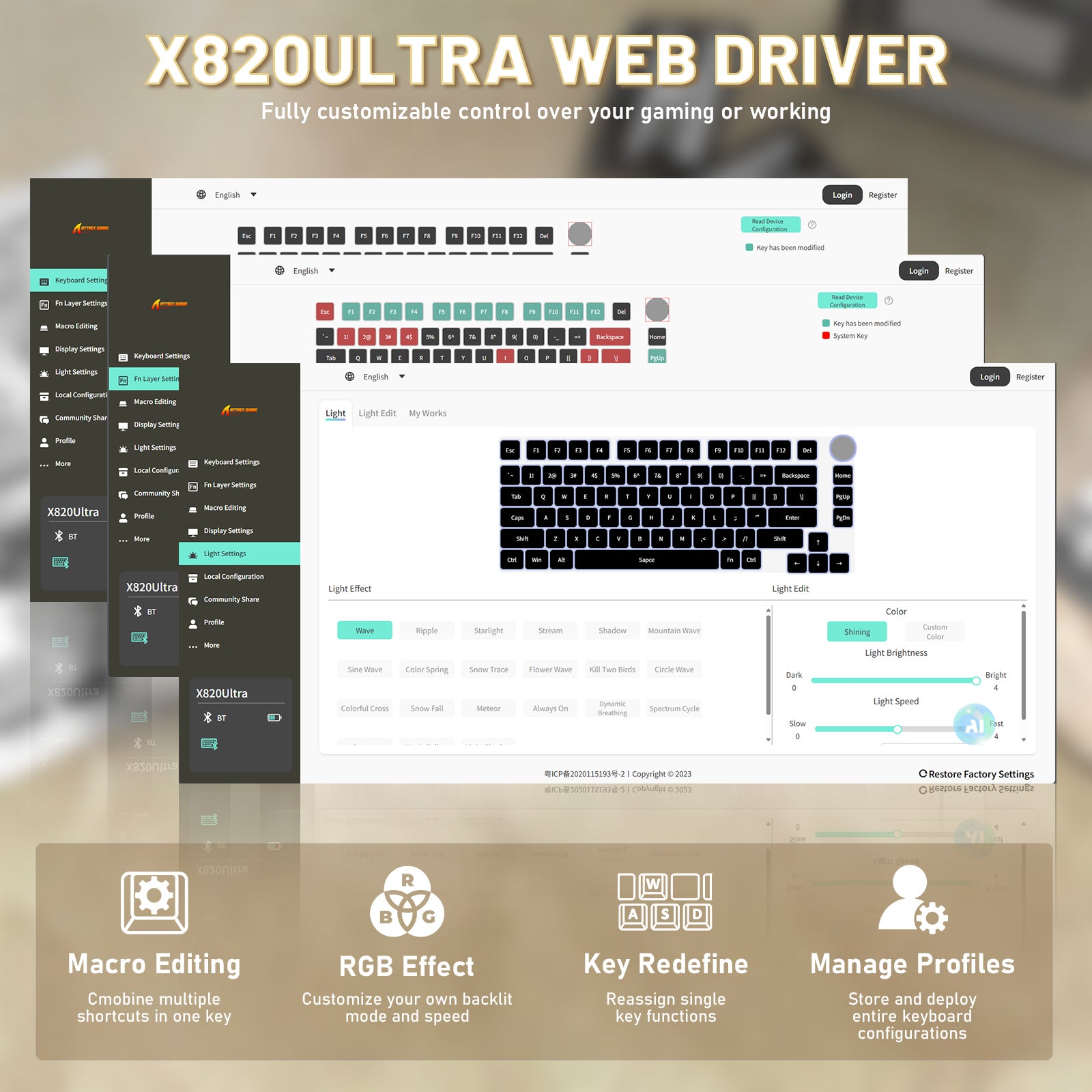 ATTACK SHARK X820ULTRA keyboard web driver interface with RGB effects, macro editing, and key redefinition options.