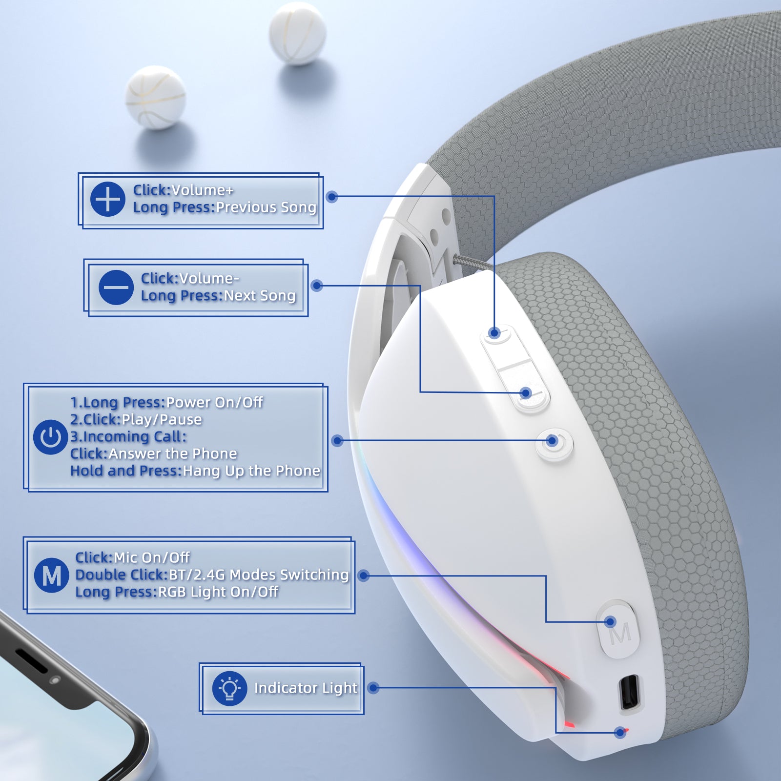 ATTACK SHARK L90 headset controls: Volume, song select, power, play/pause, call, mic, mode, RGB. White/gray design.