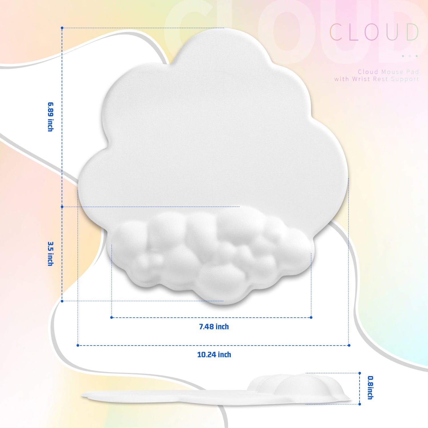 Dimensions of cloud-shaped mouse pad with wrist rest, ergonomic design for comfort.