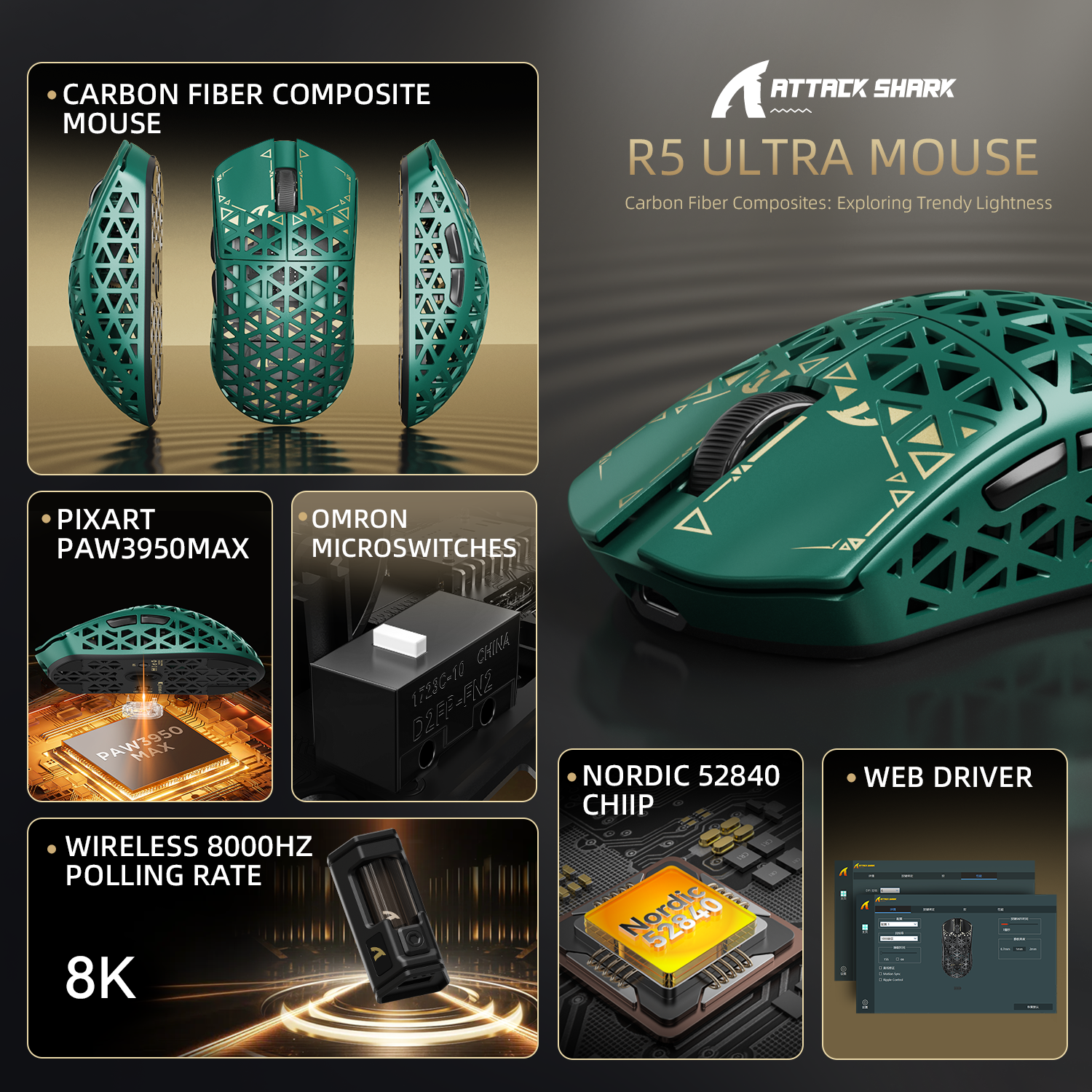 ATTACK SHARK R5 Ultra gaming mouse - green carbon fiber, 8K polling, PAW3950MAX sensor
