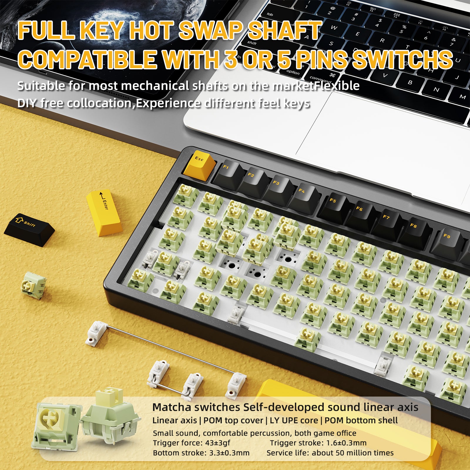 ATTACK SHARK X86 hot-swappable keyboard with Matcha switches, compatible with 3/5 pin shafts, black body, and yellow accents.