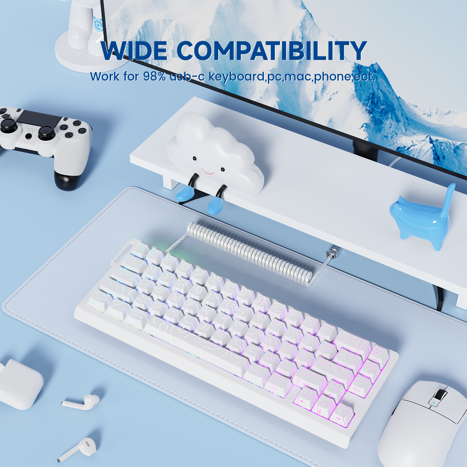 ATTACK SHARK C01 keyboard setup, showcasing wide compatibility with multiple devices and RGB lighting