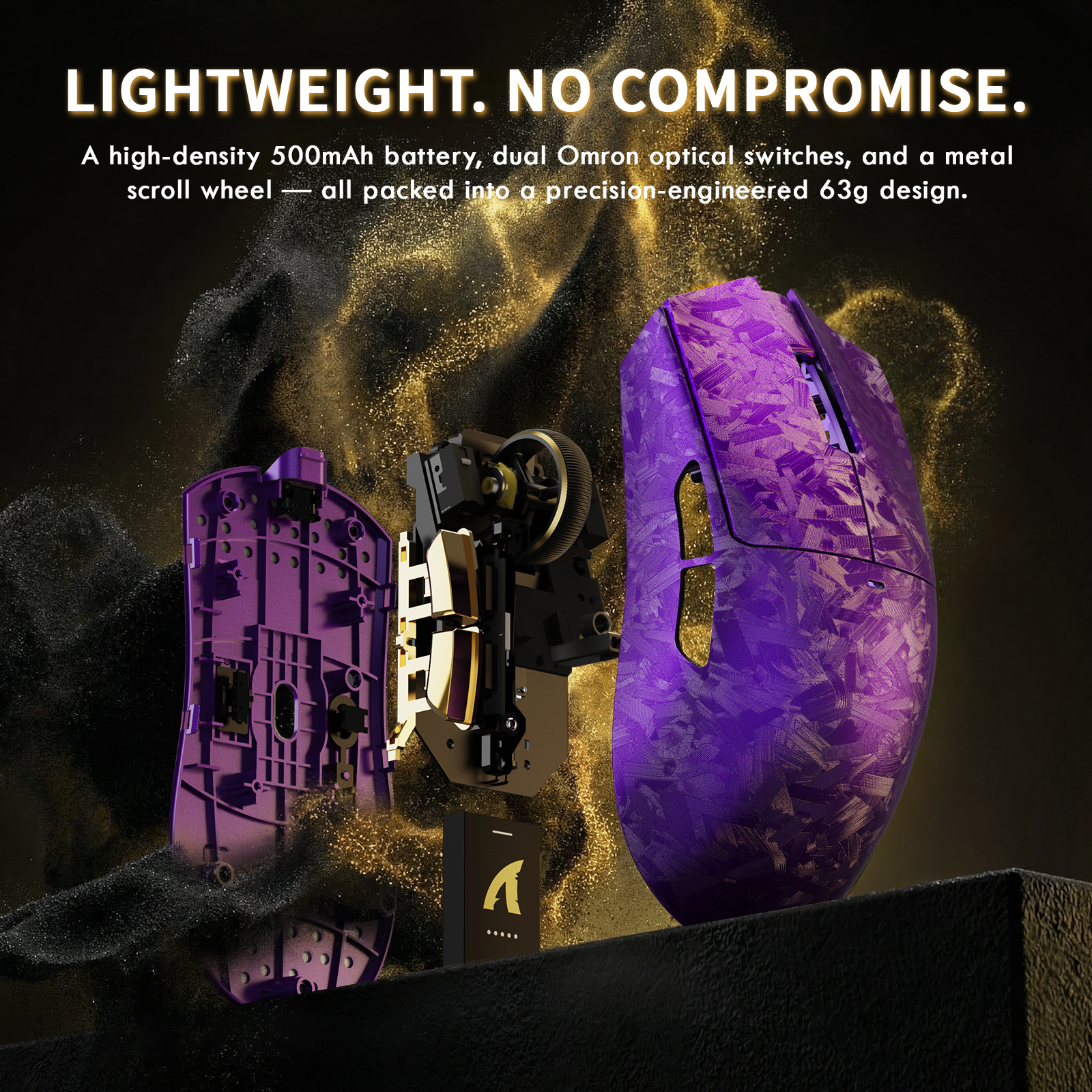 Purple ATTACK SHARK X11 ULTRA wireless gaming mouse exploded view with 500mAh battery and metal scroll wheel