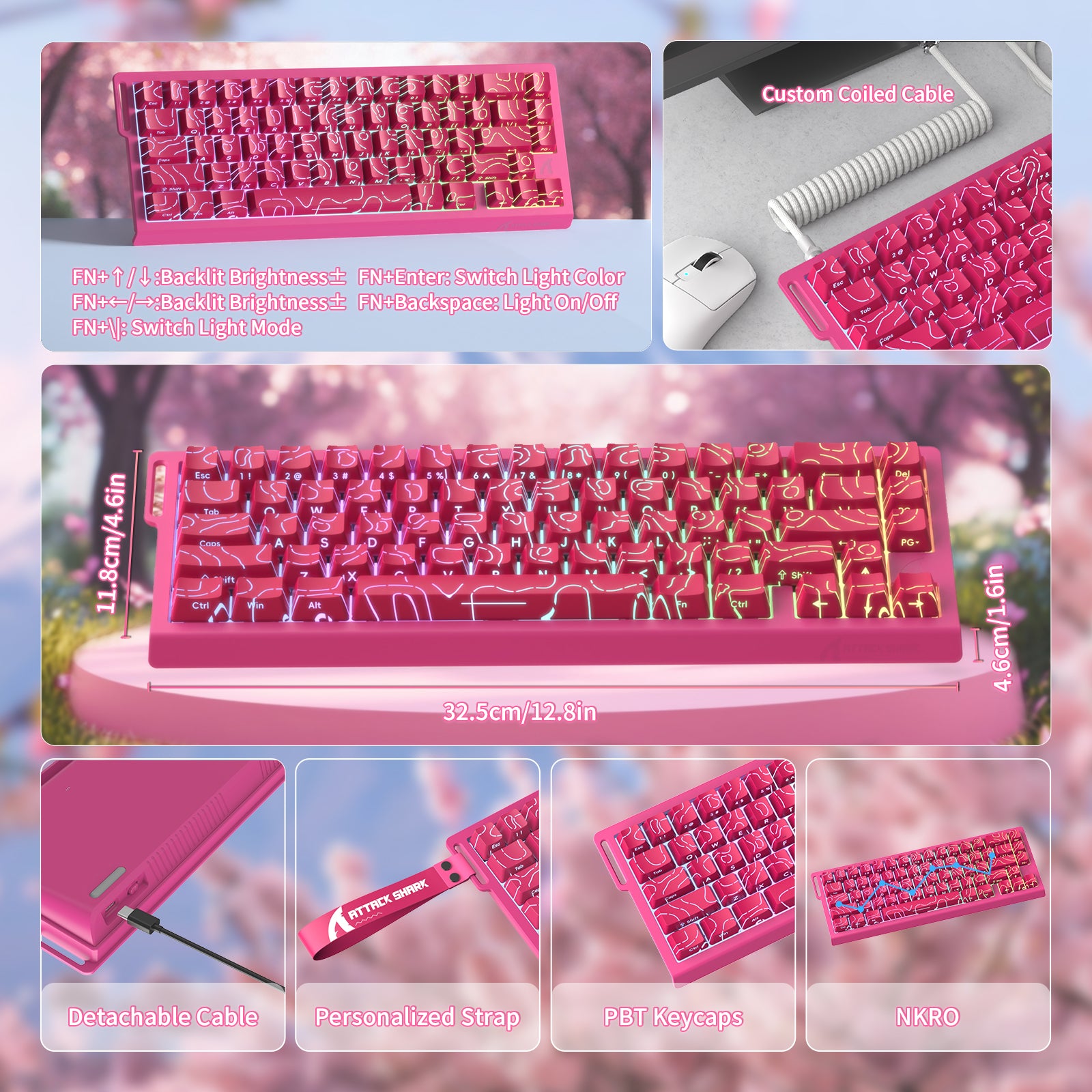 ATTACK SHARK X68 HE pink gaming keyboard with RGB, coiled cable, PBT keycaps, dimensions and features.