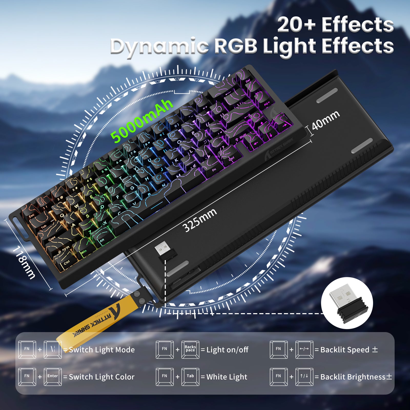 ATTACK SHARK X68PRO HE gaming keyboard with RGB lighting, 60% layout, 5000mAh battery, and dynamic light effects.