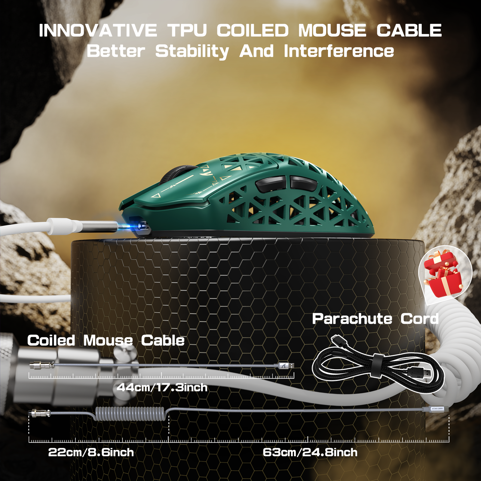 ATTACK SHARK R5 Ultra gaming mouse with TPU coiled cable and parachute cord, stable connectivity