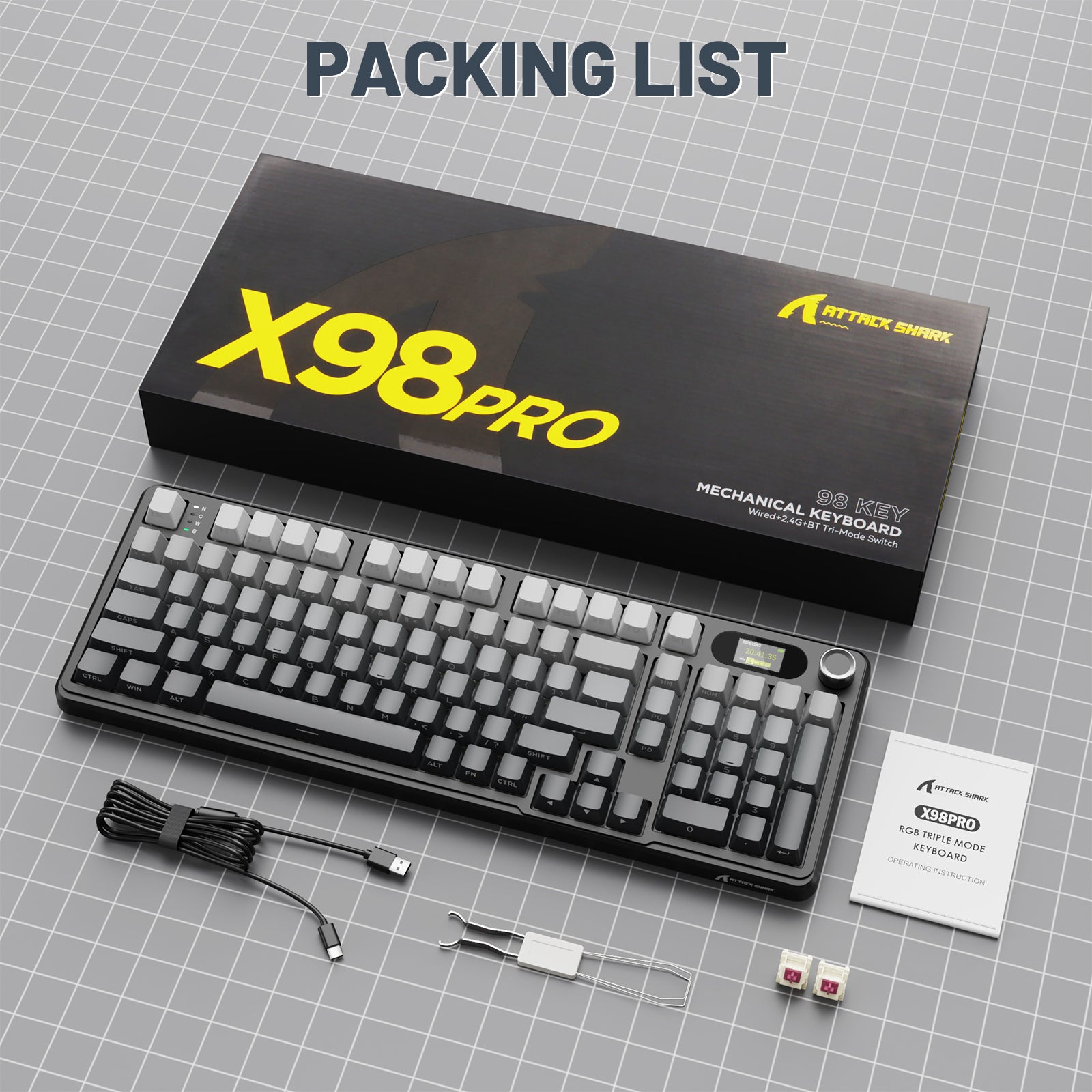 ATTACK SHARK X98PRO mechanical keyboard packing list: keyboard, accessories, PBT keycaps, and switches.