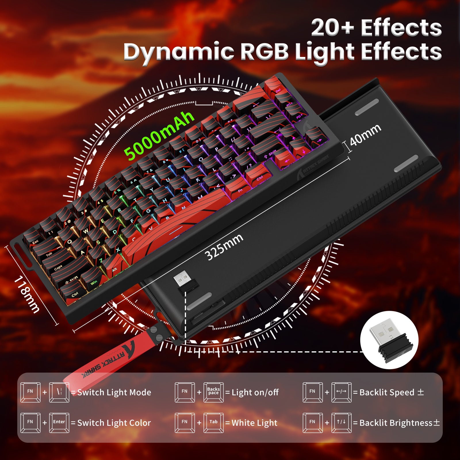 X68PRO HE wireless keyboard with RGB lighting, 5000mAh battery, and dimensions. Includes lighting control shortcuts.