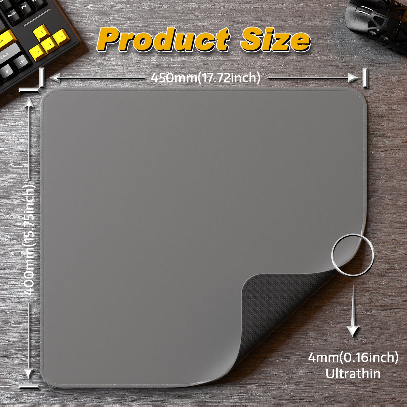 ATTACK SHARK CM02 gaming mousepad size: 450mm x 400mm, 4mm ultrathin, grey surface, esports accessory