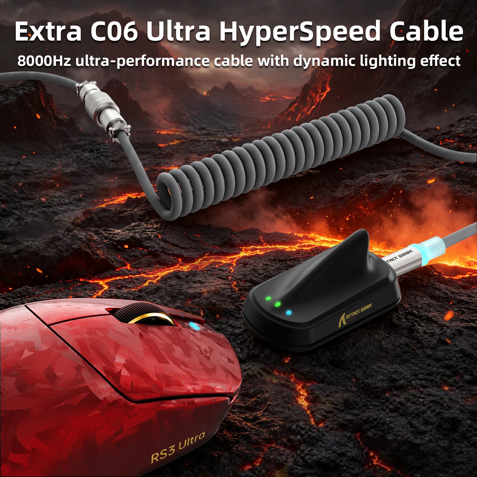 ATTACK SHARK RS3 ULTRA Carbonfaser Kabellose PAW3955MAX Gaming-Maus mit C06 Ultra LED-Kabel