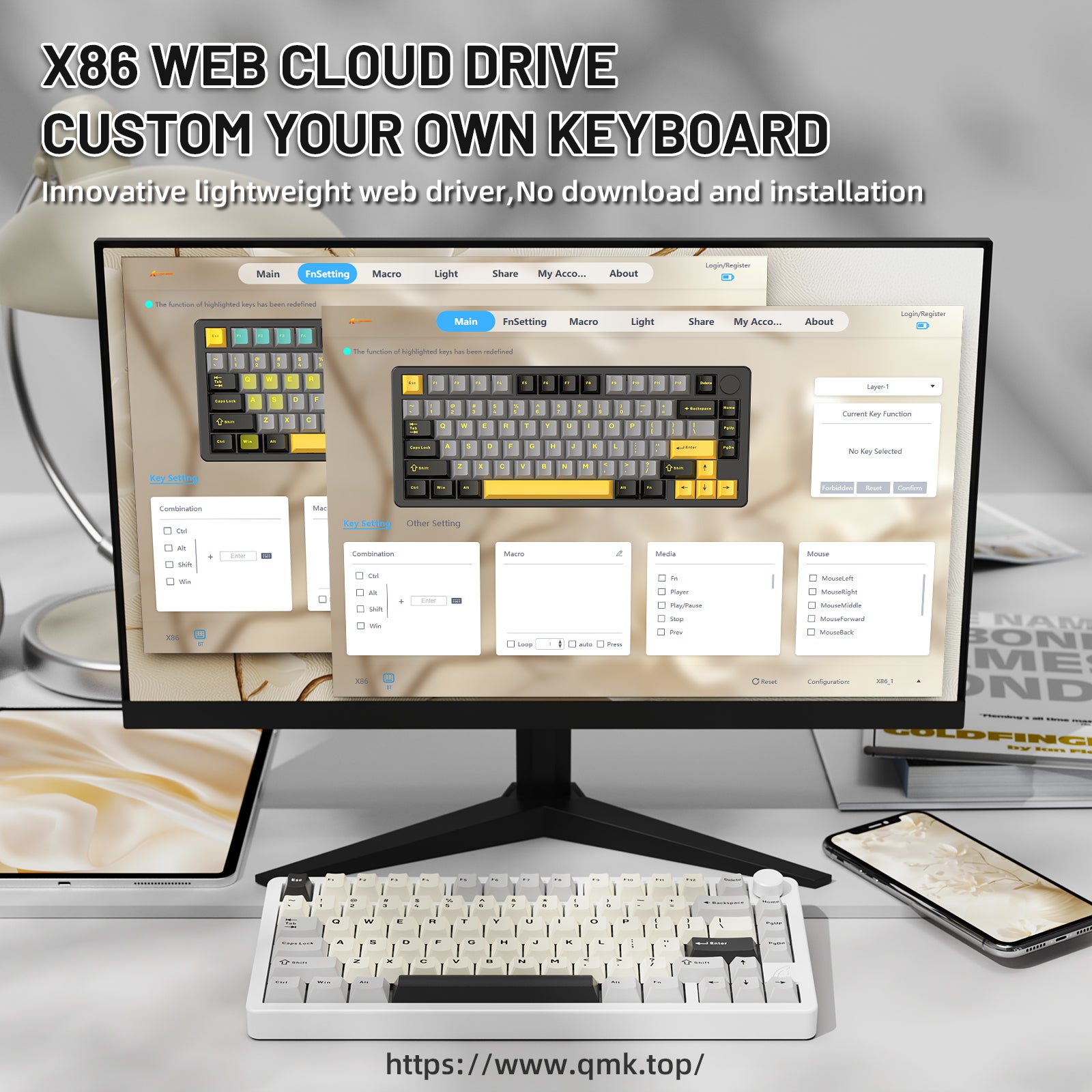 ATTACK SHARK X86 keyboard software, web cloud drive, custom key mapping and RGB effects.