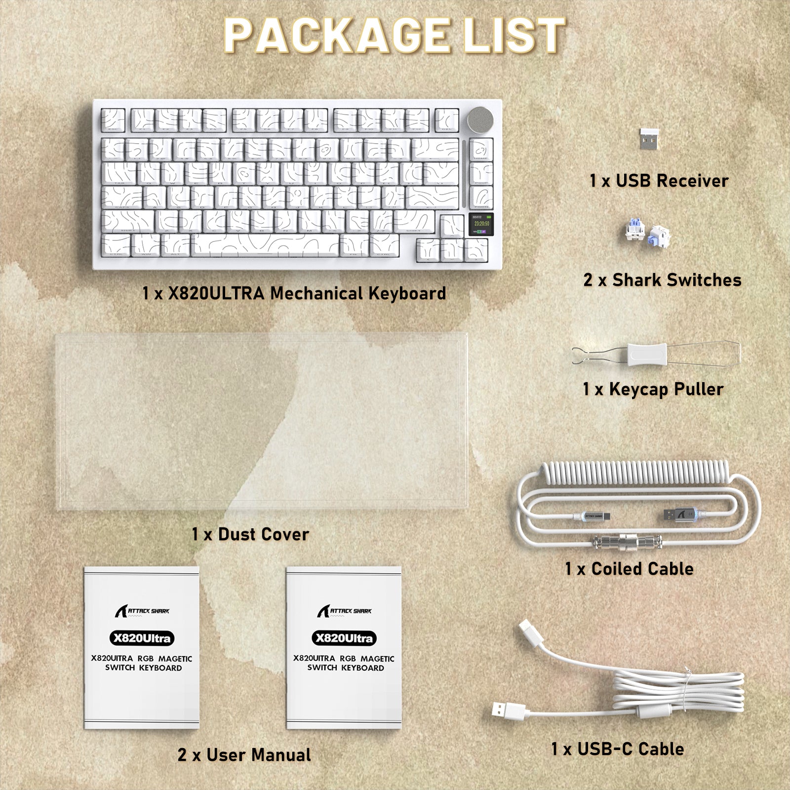 ATTACK SHARK X820ULTRA keyboard package: white keyboard, dust cover, manuals, USB receiver, switches, keycap puller, coiled & USB-C cables.