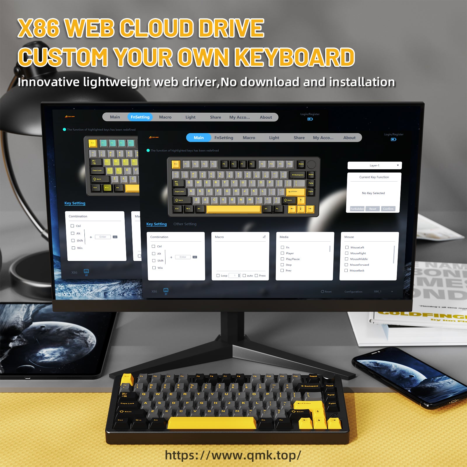 ATTACK SHARK X86 keyboard with cloud drive software interface, custom key mapping options, and RGB effects
