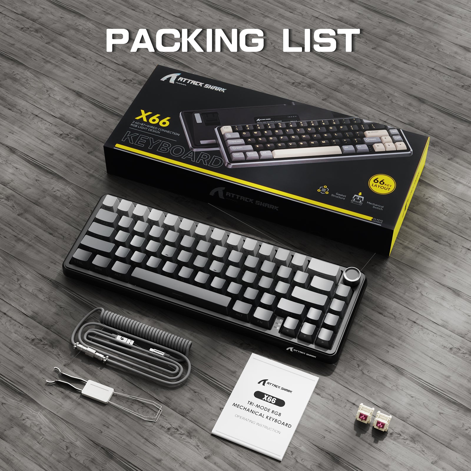 ATTACK SHARK X66 keyboard packing list, with accessories.