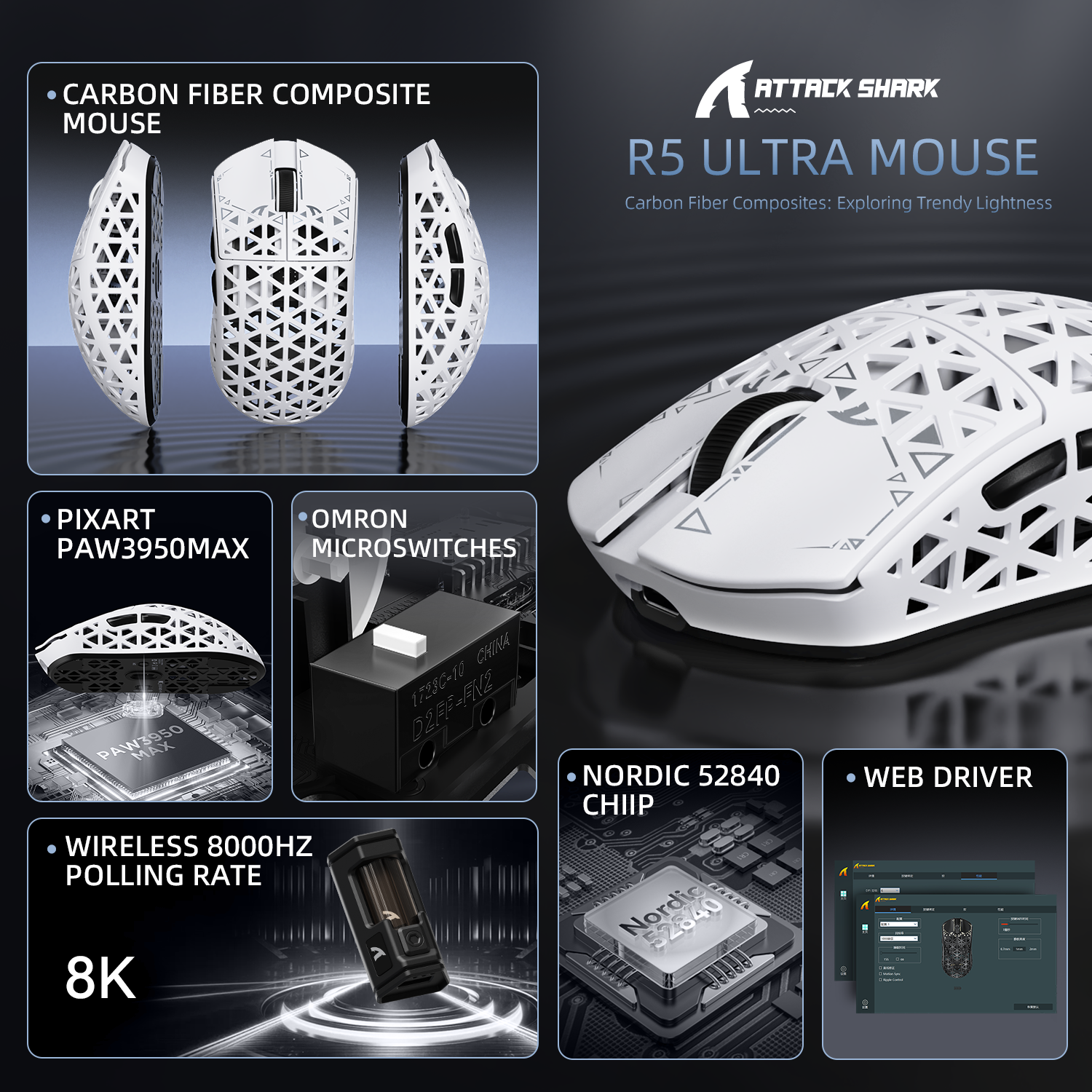 ATTACK SHARK R5 Ultra gaming mouse, carbon fiber, PAW3950MAX sensor, 8K polling, Omron, web driver.