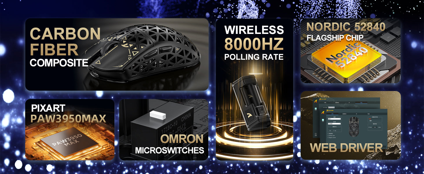 ATTACK SHARK R5 Ultra Carbon Fiber Wireless 8K PAW3950MAX Gaming-Maus mit 8K-Spiralkabel