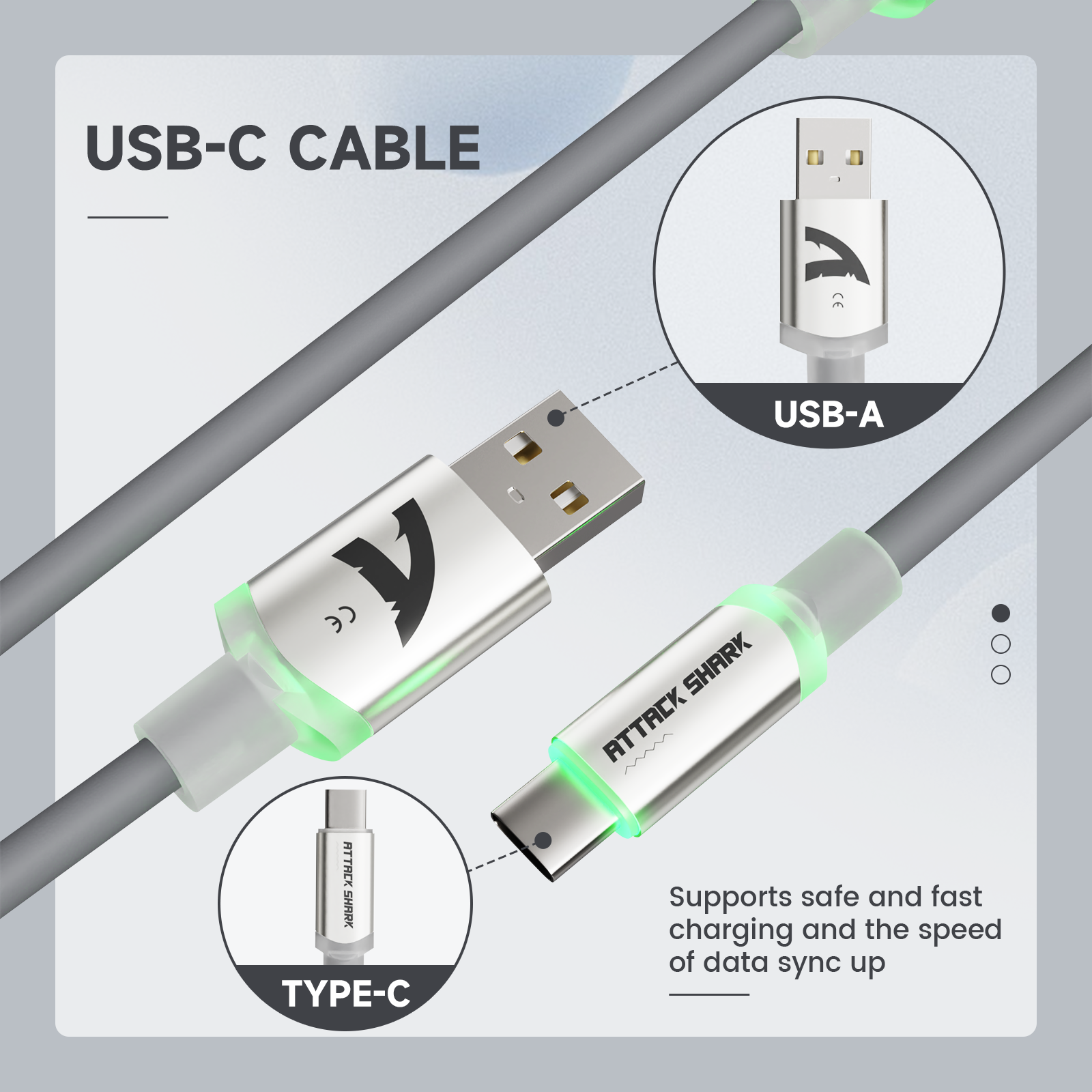 ATTACK SHARK USB-C Cable, gray, metal connectors, supports fast charging and data sync for mechanical keyboards.