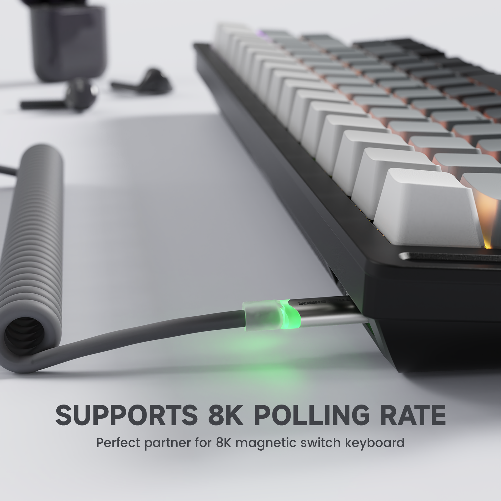 ATTACK SHARK C01Ultra gray coiled cable connects to 8K mechanical keyboard, fast charging.