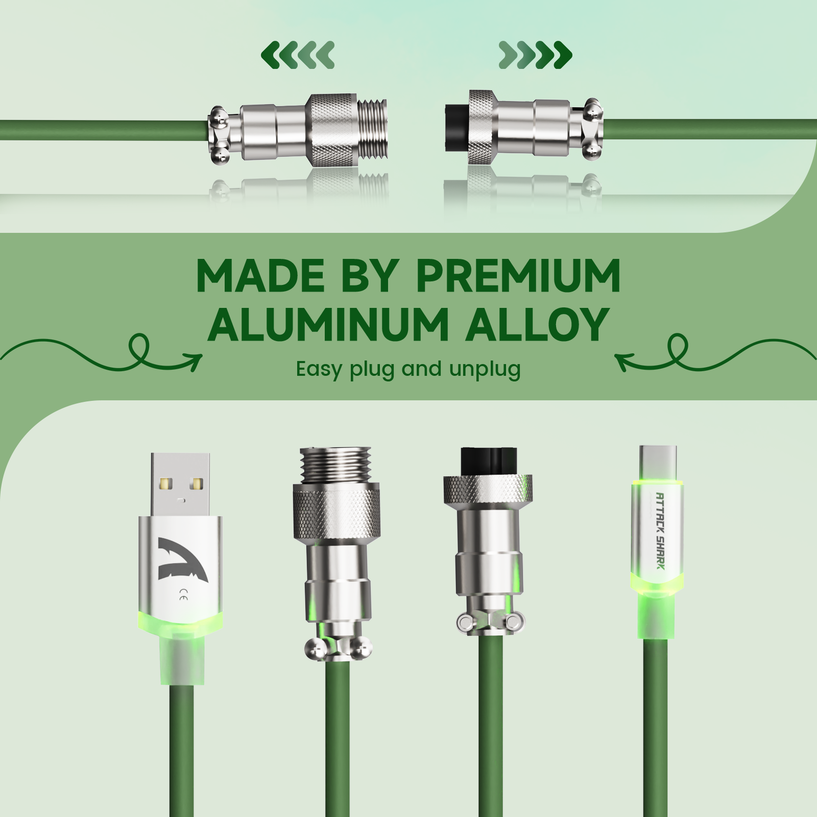 ATTACK SHARK C01Ultra Aviator Cable. Green cable, metal connectors, USB-C for mechanical keyboards. Fast charging.